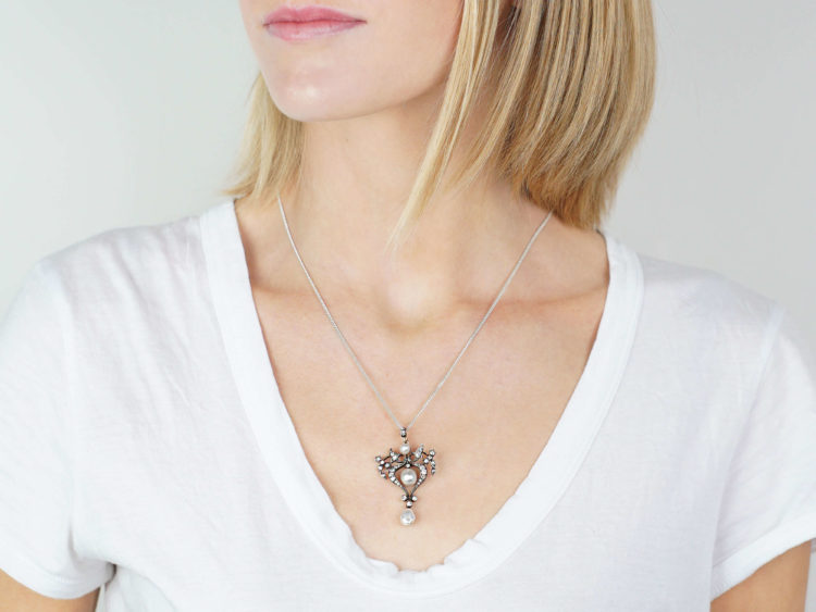 Art Nouveau Diamond & Natural Pearl Pendant