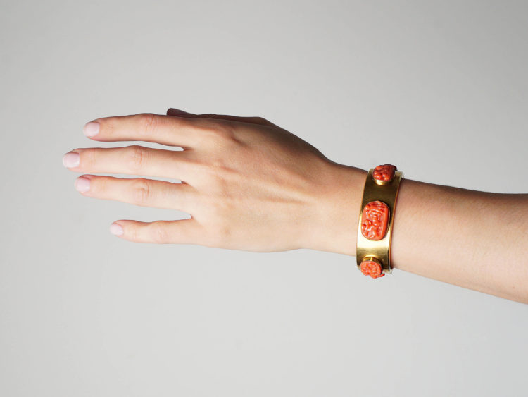 Grand Tour 18ct Gold & Carved Coral Neo Classical Bangle