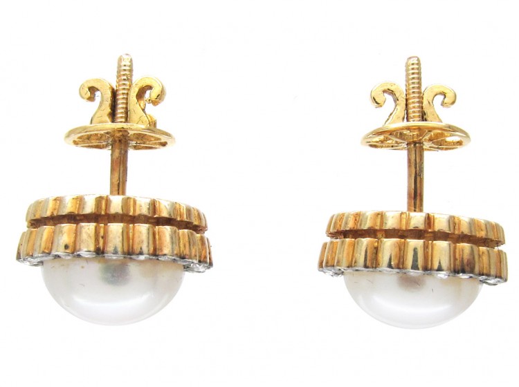 18ct Gold Rose Diamond & Pearl Round Earrings