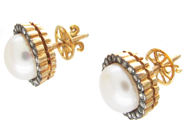 18ct Gold Rose Diamond & Pearl Round Earrings