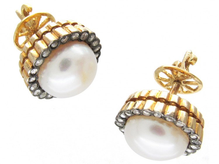 18ct Gold Rose Diamond & Pearl Round Earrings