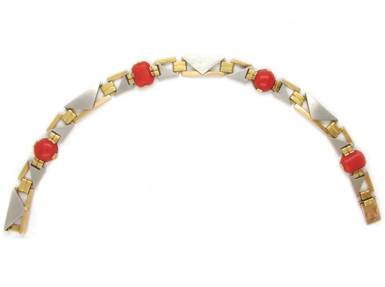 Art Deco 18ct Gold & Platinum & Coral Bracelet
