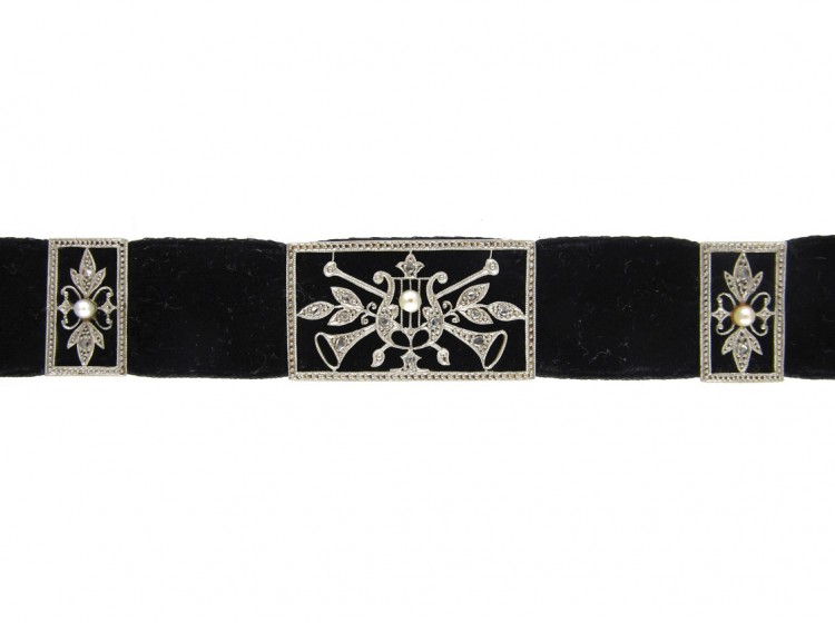 Diamond, Platinum & Natural Pearl Edwardian Choker with Musical Instruments