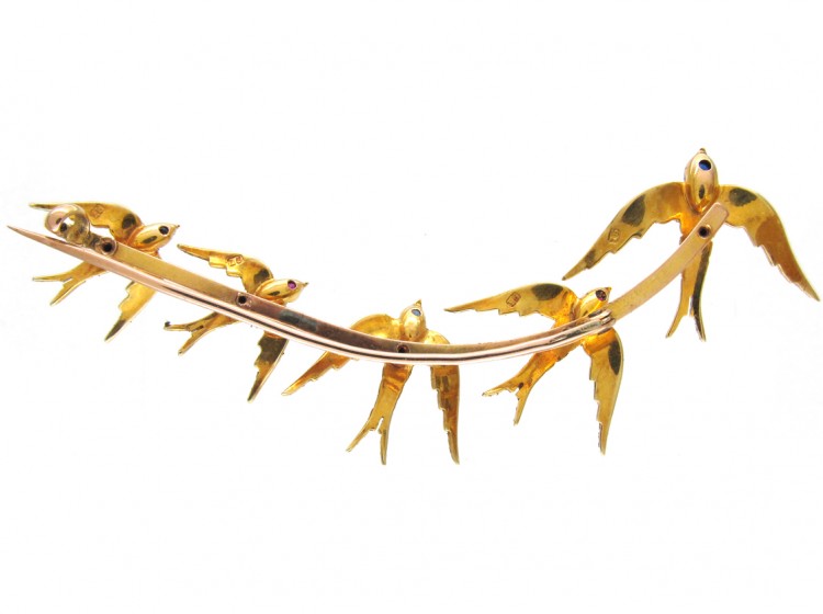 Edwardian Large 15ct Gold Swallows Brooch
