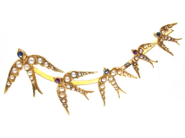 Edwardian Large 15ct Gold Swallows Brooch
