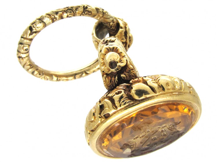 Large Regency Gold Seal with Citrine Intaglio of a Crest