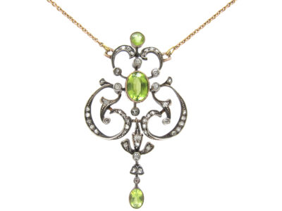 Edwardian Peridot & Diamond Pendant on Gold Chain