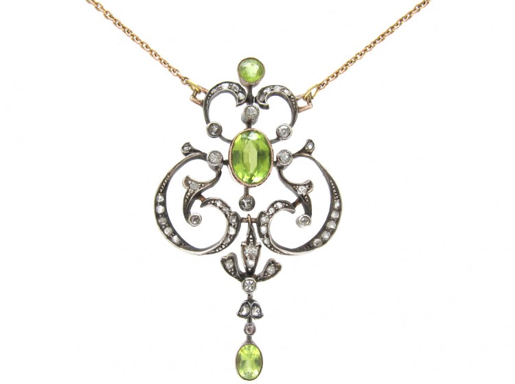 Edwardian Peridot & Diamond Pendant on Gold Chain