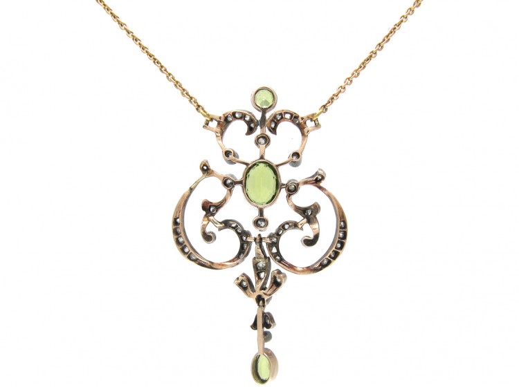 Edwardian Peridot & Diamond Pendant on Gold Chain