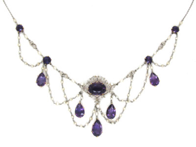 Edwardian Amethyst, Natural Pearl, Diamond & Platinum Necklace