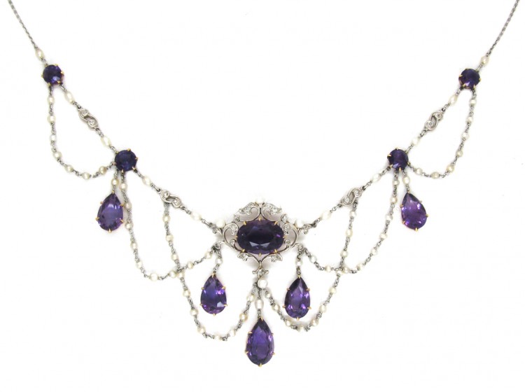 Edwardian Amethyst, Natural Pearl, Diamond & Platinum Necklace