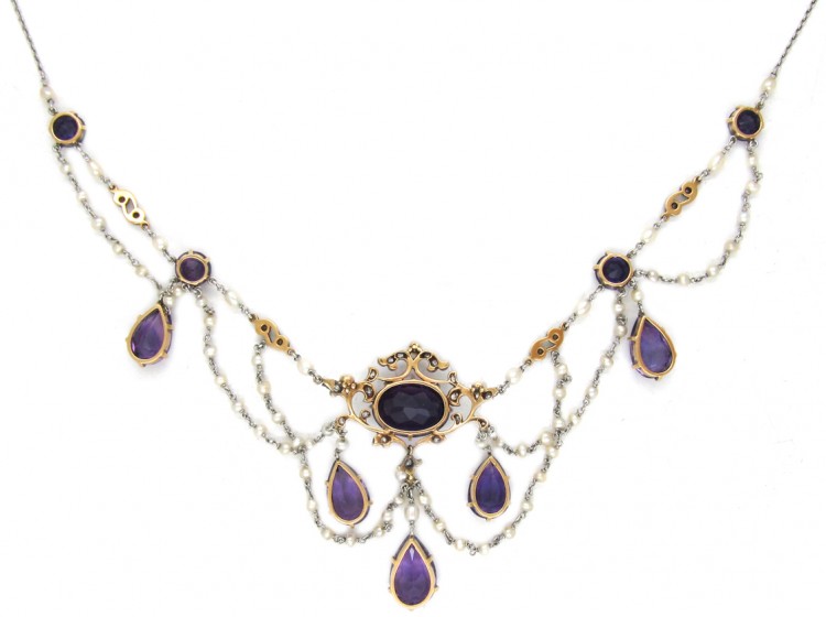 Edwardian Amethyst, Natural Pearl, Diamond & Platinum Necklace