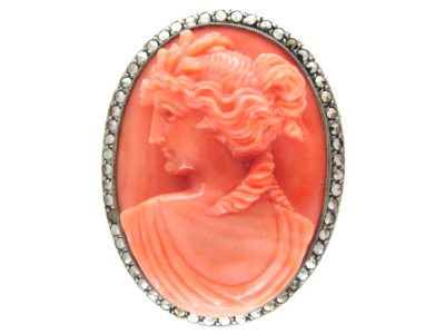Art Deco Silver, marcasite & Carved Coral Classical Ladies Head Brooch