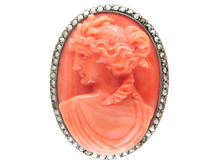 Art Deco Silver, marcasite & Carved Coral Classical Ladies Head Brooch