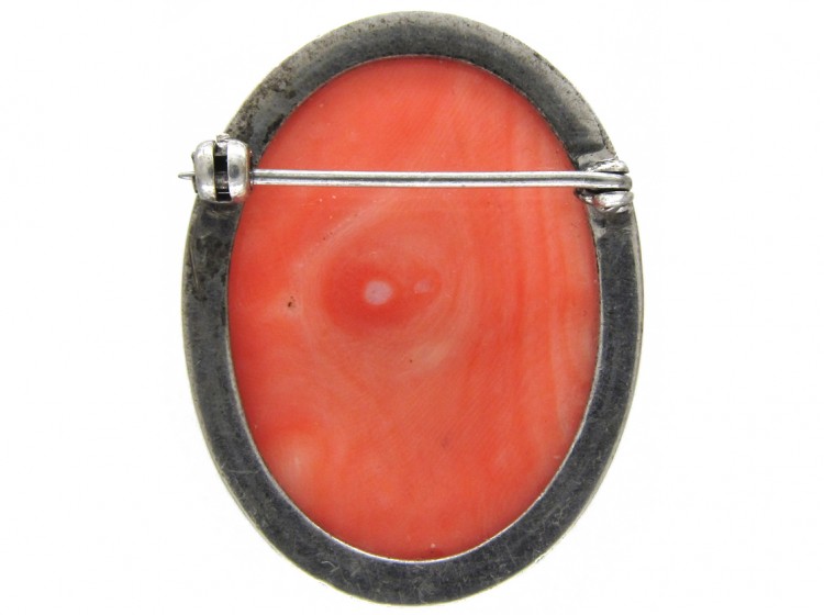 Art Deco Silver, marcasite & Carved Coral Classical Ladies Head Brooch