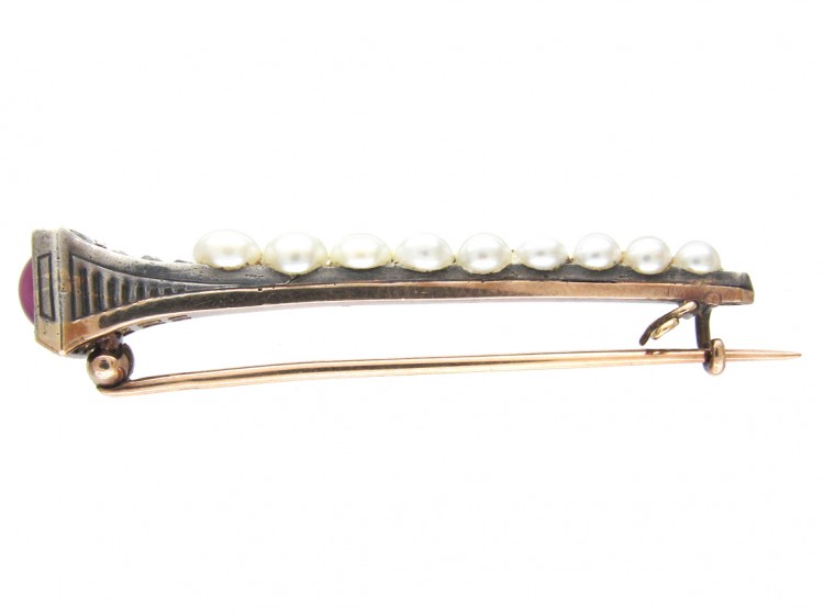 Edwardian Horseshoe Nail Diamond, Ruby & Natural Pearls Brooch