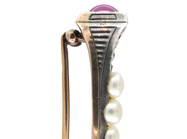 Edwardian Horseshoe Nail Diamond, Ruby & Natural Pearls Brooch