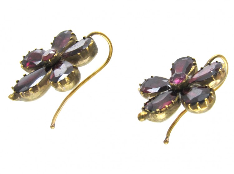 Georgian Flat Cut Almandine Garnet Pansy Earrings