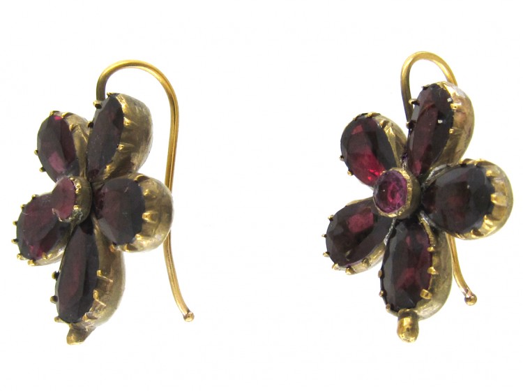 Georgian Flat Cut Almandine Garnet Pansy Earrings