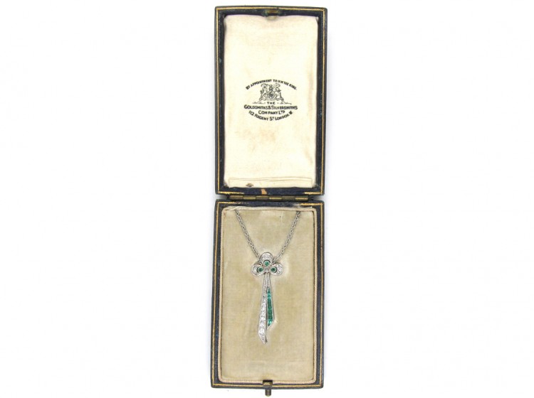 Art Deco Emerald & Diamond Bow Pendant in Original Case