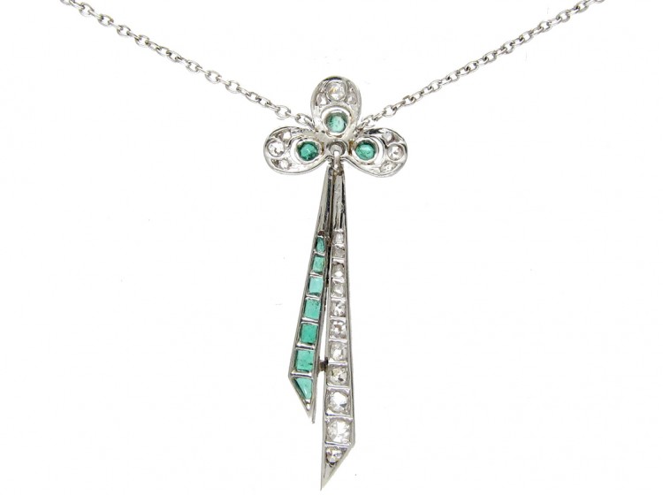 Art Deco Emerald & Diamond Bow Pendant in Original Case