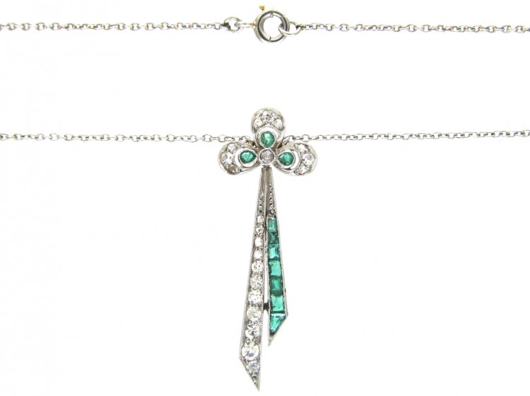 Art Deco Emerald & Diamond Bow Pendant in Original Case
