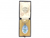 Edwardian Enamel & Silver Flower Lilies Pendant on Chain in Original Case