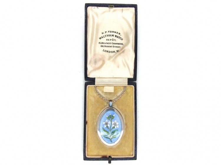 Edwardian Enamel & Silver Flower Lilies Pendant on Chain in Original Case