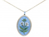 Edwardian Enamel & Silver Flower Lilies Pendant on Chain in Original Case