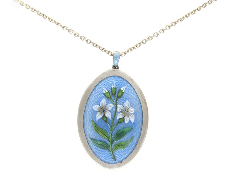Edwardian Enamel & Silver Flower Lilies Pendant on Chain in Original Case