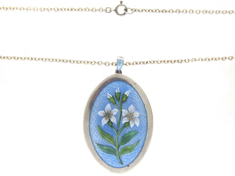 Edwardian Enamel & Silver Flower Lilies Pendant on Chain in Original Case