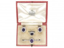 A Cased Set of 18ct White Gold & Amethyst & Diamond Earrings, Ring & Brooch