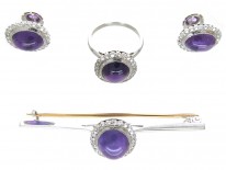 A Cased Set of 18ct White Gold & Amethyst & Diamond Earrings, Ring & Brooch