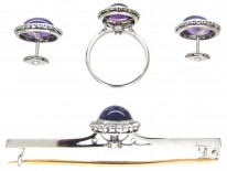 A Cased Set of 18ct White Gold & Amethyst & Diamond Earrings, Ring & Brooch