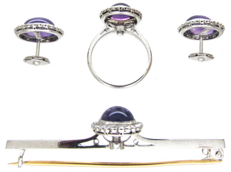 A Cased Set of 18ct White Gold & Amethyst & Diamond Earrings, Ring & Brooch