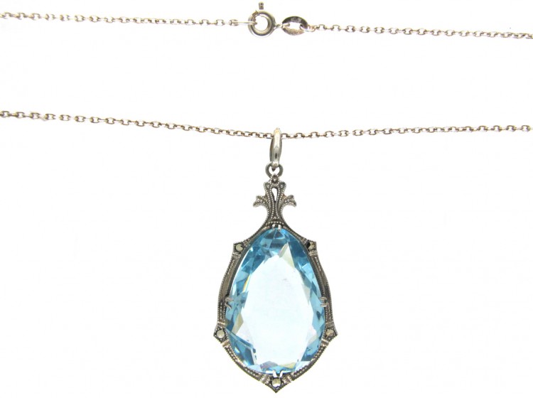 Silver & Blue Paste Art Deco Pendant on Chain
