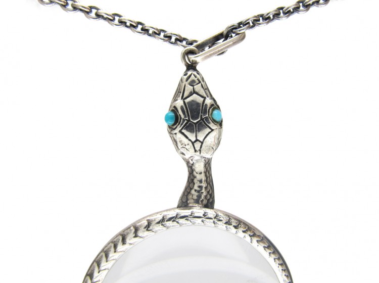 Silver Double Snake Quizzing Glass Pendant on Silver Chain