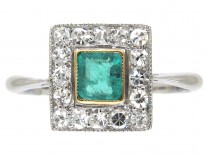 Art Deco Emerald & Diamond Square Ring