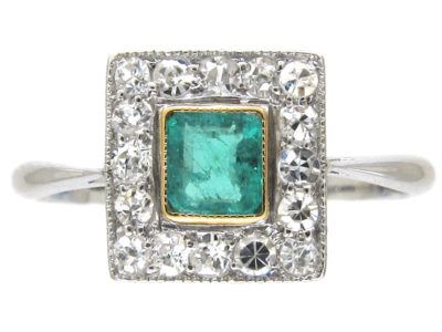 Art Deco Emerald & Diamond Square Ring