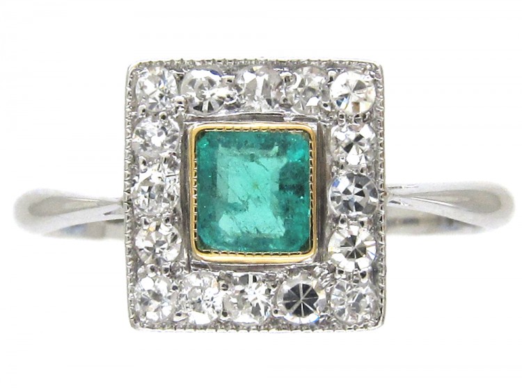 Art Deco Emerald & Diamond Square Ring