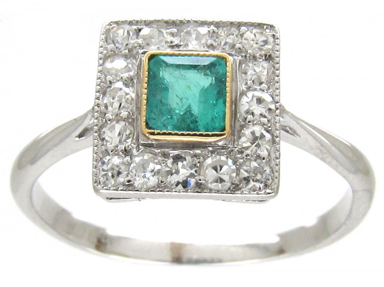 Art Deco Emerald & Diamond Square Ring