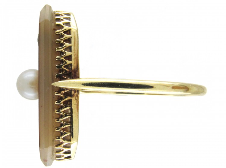 Art Deco 18ct Gold Comet & Stars Carved Carnelian & Pearl Ring