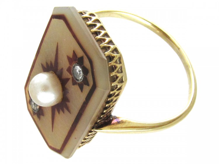 Art Deco 18ct Gold Comet & Stars Carved Carnelian & Pearl Ring
