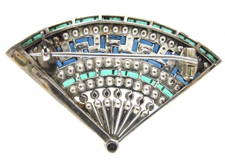 Art Deco Silver & Paste Fan Brooch in Original Case
