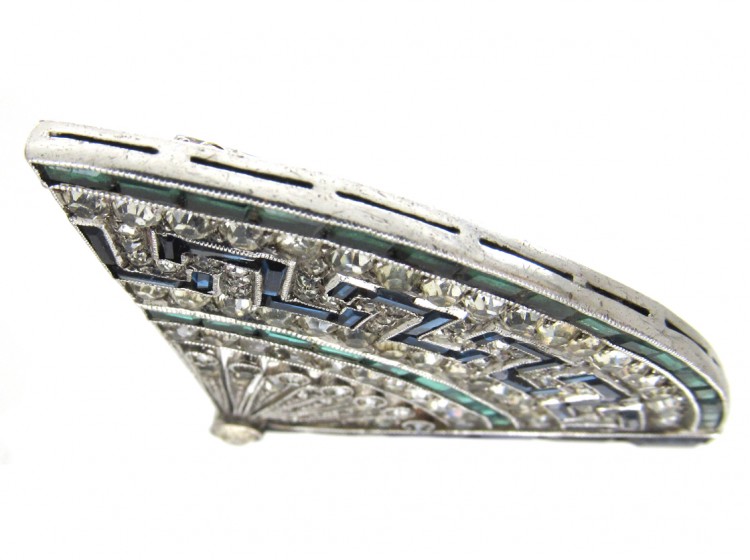 Art Deco Silver & Paste Fan Brooch in Original Case