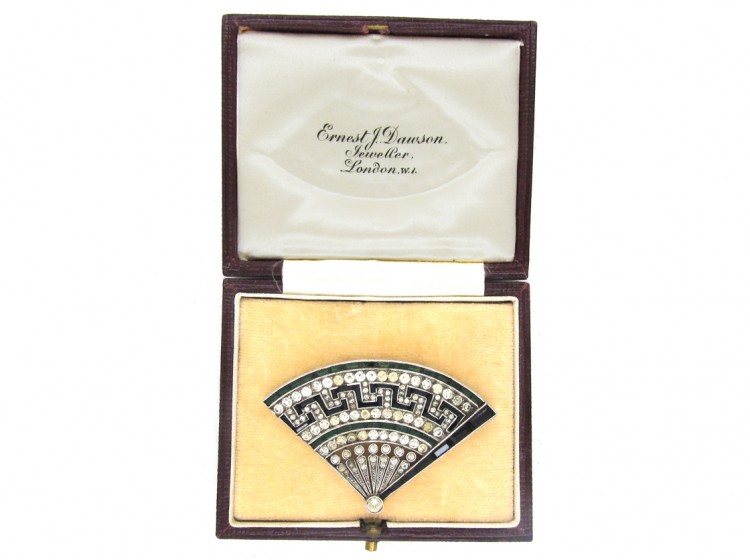 Art Deco Silver & Paste Fan Brooch in Original Case