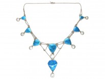 Art Nouveau Silver, Blue Enamel & Blister Pearl Necklace
