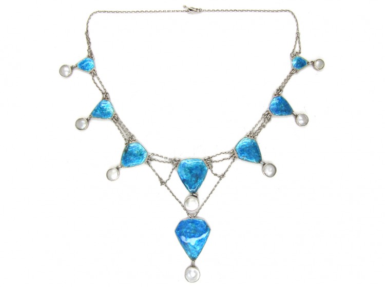Art Nouveau Silver, Blue Enamel & Blister Pearl Necklace