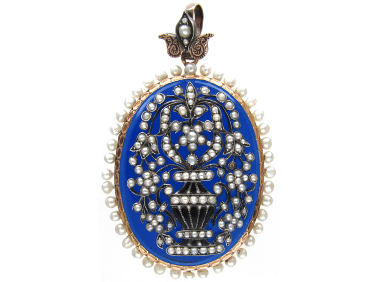 Early 19th Century French Natural Pearl & Blue Glass Locket & Pendant With Memorial Urn & Flowers