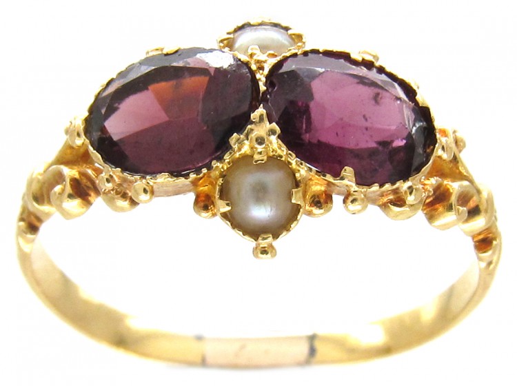 Victorian 18ct Gold, Garnet & Natural Split Pearl Ring